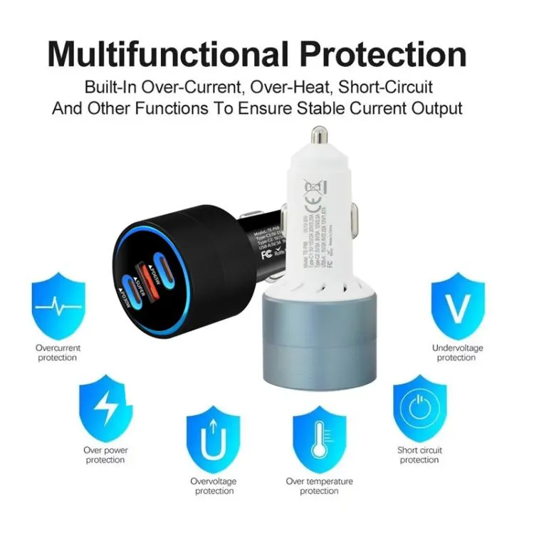 TE-P68 125W PD Car Charger with Dual USB-C (65W) + USB Port